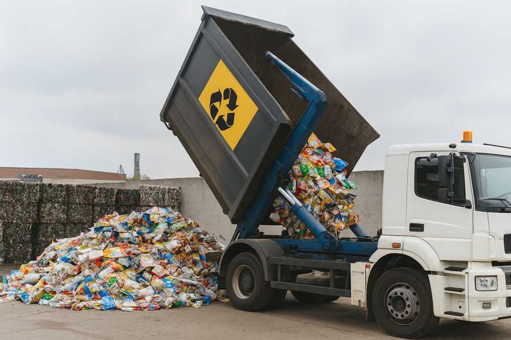 משאית פורקת פסולת ניילונים במפעל מיחזור - אילוסטרציה לתהליך GOLDEN WASTE - חדשנות מעשית