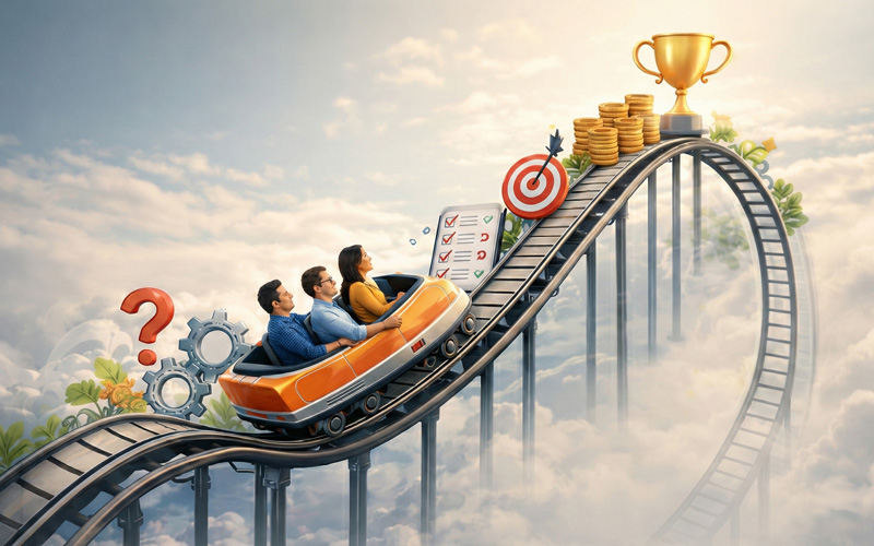 תהליך פיתוח מוצר מצליח – האתגרים, הדרך והעקרונות - דימוי של רכבת הרים מטפסת לכיוון הגביע